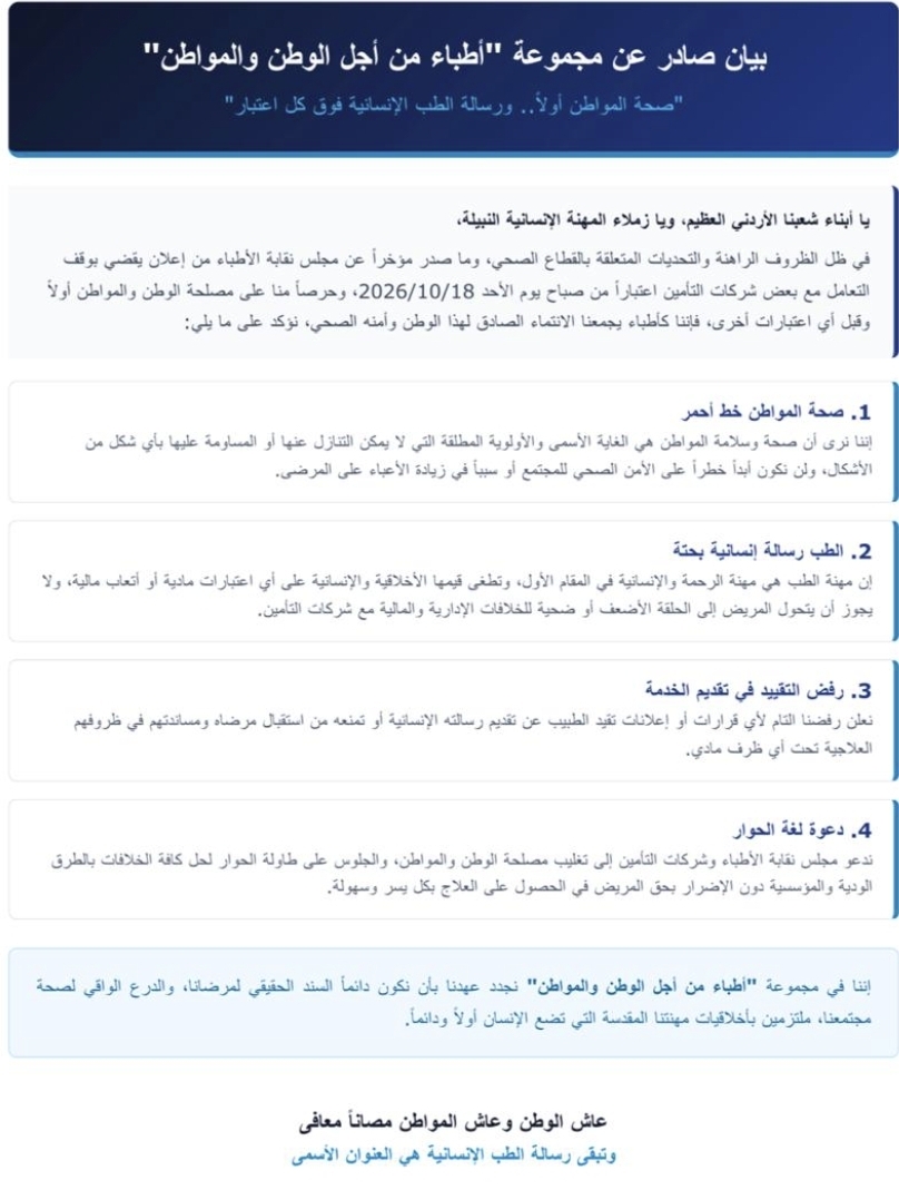 أطباء يصدرون بيانا مخالفا لنقابتهم ويؤكدون ان صحة المواطن خط أحمر 
